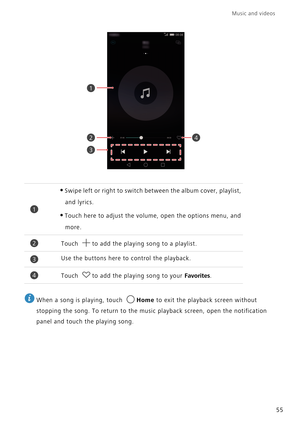 Page 60Music and videos  
55
 
When a song is playing, touch Home to exit the playback screen without 
stopping the song. To return to the music playback screen, open the notification 
panel and touch the playing song.
•Swipe left or right to switch between the album cover, playlist, 
and lyrics.
•Touch here to adjust the volume, open the options menu, and 
more.
Touch to add the playing song to a playlist.
Use the buttons here to control the playback.
Touch to add the playing song to your Favorites.
1
2
3
4
1...