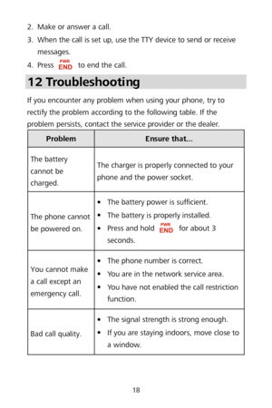 Page 2218 
2.
  Make or answer
 a call.  
3 .
  When the call is set up, use the TTY device to send or receive 
messages.
 
4 .
  Press 
 
to end the call.  
12 Troubleshooting  
If you encounter any problem when using your phone, try to 
rectify the problem according to the following table. If the 
problem persists, contact the service provider or the dealer.  
Problem Ensure that... 
The battery 
cannot be 
charged.  The charger is properly connected to your 
phone and the power socket.
 
The phone cannot 
be...