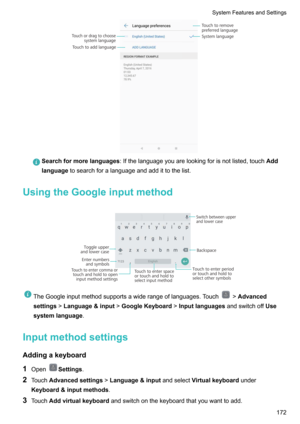 Page 178Searchformorelanguages:Ifthelanguageyouarelookingforisnotlisted,touch Add
language tosearchforalanguageandaddittothelist.
UsingtheGoogleinputmethod

TheGoogleinputmethodsupportsawiderangeoflanguages.Touch! Advanced
settings !Language&input !GoogleKeyboard !Inputlanguages andswitchoffUse
systemlanguage .
Inputmethodsettings
Addingakeyboard
1 Open
Settings .
2 Touch Advancedsettings !Language&input andselectVirtualkeyboard under...