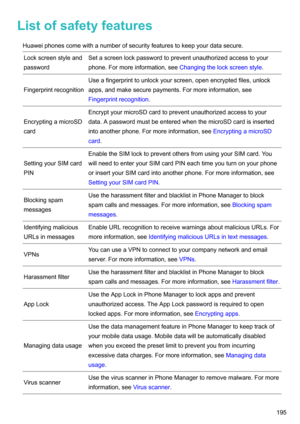 Page 201ListofsafetyfeaturesHuaweiphonescomewithanumberofsecurityfeaturestokeepyourdatasecure.
Lockscreenstyleand
passwordSetascreenlockpasswordtopreventunauthorizedaccesstoyour phone.Formoreinformation,see Changingthelockscreenstyle.
Fingerprintrecognition
Useafingerprinttounlockyourscreen,openencryptedfiles,unlock
apps,andmakesecurepayments.Formoreinformation,see
Fingerprintrecognition .
EncryptingamicroSD
card...