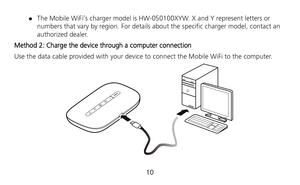 Page 12 
10 
 The Mobile WiFi’s charger model is HW-050100XYW. X and Y represent letters or 
numbers that vary by region. For details about the specific charger model, contact an 
authorized dealer. 
Method 2: Charge the device through a computer connection 
Use the data cable provided with your device to connect the Mobile WiFi to the computer. 
  