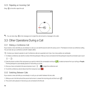 Page 1914
3.2.3  Rejecting an Incoming Call
Drag  to the left to reject the call.
 You can also drag  to the message icon to reject the call and send a message to the caller. 
3.3  Other Operations During a Call
3.3.1  Making a Conference Call
If you receive a new call while you are already in a call, you can add the second call to the call you are in. This feature is known as conference calling. 
You can also set up a conference call with multiple callers.
 Contact your network operator to ask if conference...