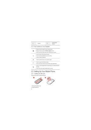 Page 117
2.1.2  Key Functions at Your Fingertips
2.2  Setting Up Your Mobile Phone
2.2.1  Installing the SIM Card
There are two steps to install the SIM card:
1.  Remove the battery cover.
2.  Insert the SIM card.
13 Speaker14Charging/Data 
interface
• Press and hold to power on your mobile phone. 
• Press and hold to open the 
Phone options menu.
• Press to lock the screen when your mobile phone is active.
• Touch to return to the previous screen.
• Touch to exit any application you are running.
• Touch to...