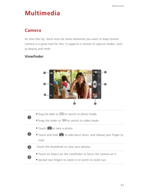 Page 5247
Multimedia
Multimedia
Camera
As time flies by, there must be some memories you want to keep forever. 
Camera is a great tool for this. It supports a variety of capture modes, such 
as beauty and smile.
Viewfinder
•Drag the slider to to switch to photo mode. 
•Drag the slider to  to switch to video mode. 
•Touch  to take a photo.
•Touch and hold   to take burst shots, and release your finger to 
stop.  
Touch the thumbnail to view your photos.
•Touch an object on the viewfinder to focus the camera on...