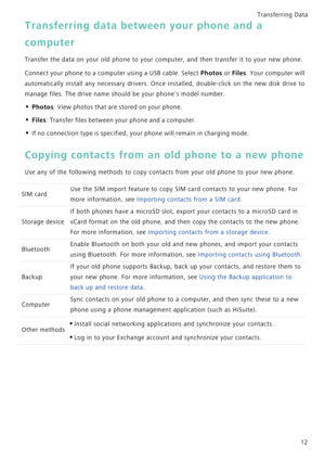 Page 19Transferring Data 
12
Transferring data between your phone and a 
computer
Transfer the data on your old phone to your computer, and then transfer it to your new phone.
Connect your phone to a computer using a USB cable. Select Photos or Files.  Y o u r  c o m p u t e r  w i l l             
automatically install any necessary  drivers.  Once  installed,  double-click  on  the  new  disk  drive  to            
manage files. The drive name should be your phones model number.
• Photos: View photos that are...