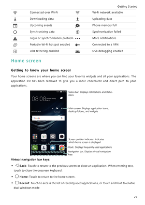 Page 29Getting Started 
22
Home screen
Getting to know your home screen
Your home screens are where you can find  y o u r   f a v o r i t e   w i d g e t s   a n d   a l l   y o u r   a p p l i c a t i o n s .   T h e             
application list has been removed to give you a more con v e n i e n t   a n d   d i r e c t   p a t h   t o   y o u r             
applications.
Virtual navigation bar keys:
• Back: Touch to return to the previous screen or close an application. When entering text, 
touch to close...