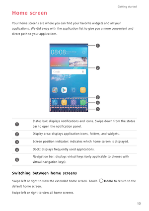 Page 17Getting started 
13
Home screen
Your home screens are where you can find your favorite widgets and all your  
applications. We did away with the applicatio n list to give you a more convenient and  
direct path to yo ur applications.
Switching between home screens
Swipe left or right to view the extended home screen. Touch Home to return to the 
default home screen.
Swipe left or right to view all home screens.
Status bar: displays notifications and icons. Swipe down from the status  
bar to open the...