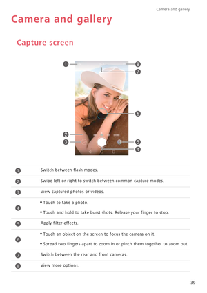 Page 43Camera and gallery  
39
Camera and gallery
Capture screen
Switch between flash modes.
Swipe left or right to switch between common capture modes.
View captured photos or videos.
•Touch to take a photo.
•Touch and hold to take burst shots. Release your finger to stop.
Apply filter effects.
•Touch an object on the screen to focus the camera on it.
•Spread two fingers apart to zoom in or pinch them together to zoom out.
Switch between the rear and front cameras.
View more options.








1
2
3
4
5...