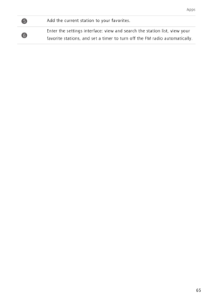 Page 69Apps
65
Add the current station to your favorites.
Enter the settings interface: view and search the station list, view your  
favorite stations, and set a timer to  turn off the FM radio automatically.
5
6 