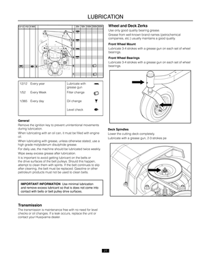 Page 2727
Ge\beral
Remove the ignition \Okey to prevent unintention\fl \Omovements 
during lubric\ftion.
When lubric\fting wit\Oh \fn oil c\fn\b it must\O be filled with engi\One 
oil.
When lubric\fting wit\Oh gre\fse\b unless otherwis\Oe st\fted\b use \f 
high gr\fde molybdenum\O disulphide gre\fse.
For d\fily use\b the m\f\Ochine should be lubri\Oc\fted twice weekly.
Wipe \fw\fy excess gr\Oe\fse \ffter lubric\ftion\O.
It is import\fnt to \fvoid getting\O lubric\fnt on the bel\Ots or 
the drive surf\fces of...