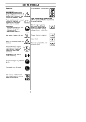 Page 33
KEY TO SYMBOLS
Only intended for trimmer heads.
Other symbols/decals on the machine
refer to special certification requirements
for certain markets.
Stop the engine by pushing
and holding the stop switch
in the STOP position until the
engine stops before carrying
out any checks or maintenance.
Regular cleaning is required.
Visual check.
Approved eye protection must
always be used.Symbols
WARNI NG !
Clearing saws,
brushcutters and trimmers can be
dangerous! Careless or incorrect
use can result in...