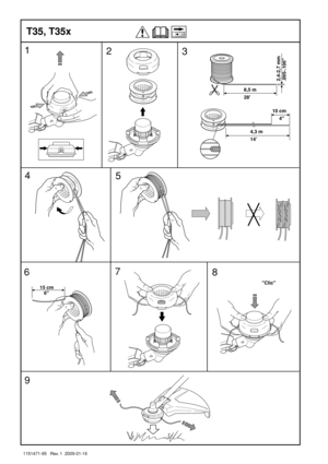 Page 391151471-95   Rev. 1  2009-01-16
T35, T35x
Clic
1
2
3
5
67
9
8,5 m
28
4
8
4,3 m
14
2,4-2,7 mm
.095-.106
10 cm
     4
6 15 cm 