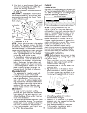 Page 1313
4.   Use block of wood between blade and 
lawn mower housing and tighten the 
blade bolt, turning clockwise.
   The recommended tightening torque is 
35-40 ft. lbs.  
IMPORTANT:  Blade bolt is heat treated.  
If bolt needs replacing, replace only with 
approved bolt shown in the Repair Parts 
section of this manual.
TO SHARPEN BLADE
NOTE:  We do not recommend sharp en ing 
the blade - but if you do, be sure the blade 
is balanced.  Care should be taken to keep 
the blade balanced. An un bal anced...