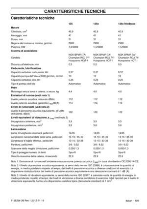 Page 109Italian – 109
CARATTERISTICHE TECNICHE
1155296-38 Rev.1 2012-11-19
Caratteristiche tecniche
Nota 1: Emissione di rumore nell’ambiente misurato come potenza acustica (LWA) in base alla direttiva CE 2000/14/CE.
Nota 2: il livello di pressione acustica equivalente, ai sensi della norma ISO 22868, è calcolato come la quantità di 
energia, in media ponderata rispetto al tempo, dei livelli di pressione acustica a diverse condizioni di esercizio. La 
dispersione statistica tipica del livello di pressione...