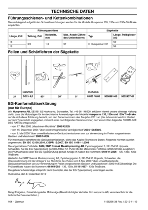 Page 164164 – German
TECHNISCHE DATEN
1155296-38 Rev.1 2012-11-19
Führungsschienen- und Kettenkombinationen
Die nachfolgend aufgeführten Schneidausrüstungen werden für die Modelle Husqvarna 135, 135e und 135e TrioBrake 
empfohlen.
Feilen und Schärﬂehren der Sägekette
EG-Konformitätserklärung
(nur für Europa)Wir, Husqvarna AB, SE-561 82 Huskvarna, Schweden, Tel. +46-36-146500, erklären hiermit unsere alleinige Haftung 
dafür, dass die Motorsägen für forsttechnische Anwendungen der Modelle Husqvarna 135, 135e und...