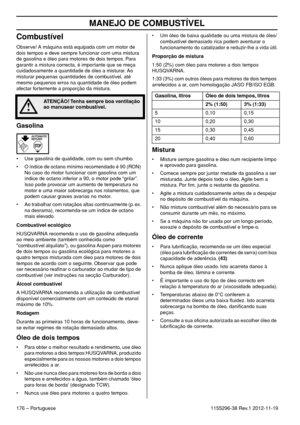 Page 176MANEJO DE COMBUSTÍVEL
176 – Portuguese1155296-38 Rev.1 2012-11-19
Combustível
Observe! A máquina está equipada com um motor de 
dois tempos e deve sempre funcionar com uma mistura 
de gasolina e óleo para motores de dois tempos. Para 
garantir a mistura correcta, é importante que se meça 
cuidadosamente a quantidade de óleo a misturar. Ao 
misturar pequenas quantidades de combustível, até 
mesmo pequenos erros na quantidade de óleo podem 
afectar fortemente a proporção da mistura.
Gasolina
• Use gasolina...