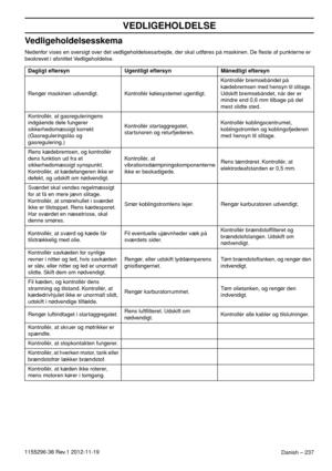 Page 237Danish – 237
VEDLIGEHOLDELSE
1155296-38 Rev.1 2012-11-19
Vedligeholdelsesskema
Nedenfor vises en oversigt over det vedligeholdelsesarbejde, der skal udføres på maskinen. De ﬂeste af punkterne er 
beskrevet i afsnittet Vedligeholdelse.
Dagligt eftersyn Ugentligt eftersyn Månedligt eftersyn
Rengør maskinen udvendigt. Kontrollér kølesystemet ugentligt.Kontrollér bremsebåndet på 
kædebremsen med hensyn til slitage. 
Udskift bremsebåndet, når der er 
mindre end 0,6 mm tilbage på det 
mest slidte sted....