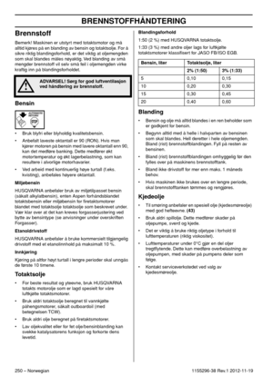 Page 250BRENNSTOFFHÅNDTERING
250 – Norwegian1155296-38 Rev.1 2012-11-19
Brennstoff
Bemerk! Maskinen er utstyrt med totaktsmotor og må 
alltid kjøres på en blanding av bensin og totaktsolje. For å 
sikre riktig blandingsforhold, er det viktig at oljemengden 
som skal blandes måles nøyaktig. Ved blanding av små 
mengder brennstoff vil selv små feil i oljemengden virke 
kraftig inn på blandingsforholdet.
Bensin
• Bruk blyfri eller blyholdig kvalitetsbensin.
• Anbefalt laveste oktantall er 90 (RON). Hvis man 
kjører...