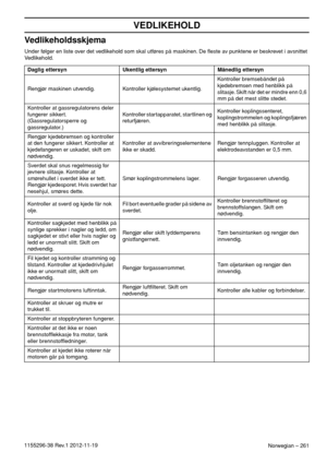 Page 261Norwegian – 261
VEDLIKEHOLD
1155296-38 Rev.1 2012-11-19
Vedlikeholdsskjema
Under følger en liste over det vedlikehold som skal utføres på maskinen. De ﬂeste av punktene er beskrevet i avsnittet 
Vedlikehold.
Daglig ettersyn Ukentlig ettersyn Månedlig ettersyn
Rengjør maskinen utvendig. Kontroller kjølesystemet ukentlig.Kontroller bremsebåndet på 
kjedebremsen med henblikk på 
slitasje. Skift når det er mindre enn 0,6 
mm på det mest slitte stedet.
Kontroller at gassregulatorens deler 
fungerer sikkert....