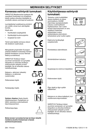 Page 264MERKKIEN SELITYKSET
264 – Finnish1155296-38 Rev.1 2012-11-19
Koneessa esiintyvät tunnukset:
VAROITUS! Moottorisahat saattavat olla 
vaarallisia! Huolimaton tai virheellinen 
käyttö saattaa aiheuttaa käyttäjälle tai 
sivullisille vakavia vammoja tai kuoleman.
Lue käyttöohje huolellisesti ja ymmärrä 
sen sisältö, ennen kuin alat käyttää 
konetta.
Käytä aina:
• Hyväksyttyä suojakypärää
• Hyväksyttyjä kuulonsuojaimia
• Suojalasit tai visiiri
Tämä tuote täyttää voimassa olevan 
CE-direktiivin vaatimukset....