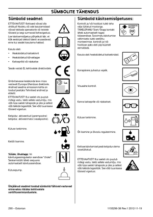 Page 290 
SÜMBOLITE TÄHENDUS
 
290
 
 – 
 
Estonian
 
1155296-38
 
 Re
 
v
 
.1 
 
2012-11-19
 
Sümbolid seadmel:
 
ETTEVAATUST! Kettsaed võivad olla 
 
ohtlikud! Hooletu või vale kasutamislaad 
võivad tekitada operaatorile või teistele 
tõsiseid ja isegi surmavaid kehavigastusi.
Loe käsitsemisõpetus põhjalikult läbi, et 
kõik eeskirjad oleksid täiesti arusaadavad, 
enne kui seadet kasutama hakkad.
Kasuta alati:
 
•
 
Heakskiidetud kaitsekiivrit
 
•
 
Heakskiidetud kõrvaklappe
 
•
 
Kaitseprillid või näokaitse...