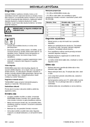 Page 322DEGVIELAS LIETO·ANA
322 – Latvian1155296-38 Rev.1 2012-11-19
Degviela
Ievïrojiet! Ma‰¥na ir apr¥kota ar divtaktu motoru un tÇ darbinÇ‰anai vienmïr ir jÇizmanto benz¥na un divtaktu motora 
e∫∫as mais¥jums. Lai nodro‰inÇtu pareizu mais¥jumu, ∫oti svar¥gi 
ir izmïr¥t izmantojamÇs e∫∫as daudzumu. Izgatavojot nelielus 
degvielas daudzumu mais¥juma daudzumus, svar¥gi 
atcerïties, ka pat mazas e∫∫as daudzuma k∫mes, var btiski 
ietekmït mais¥jumu.
Benz¥ns
•Lietojiet labas kvalitÇtes benz¥nu ar vai bez svina...