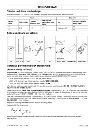 Page 335Latvian – 335
TEHNISKIE DATI
1155296-38 Rev.1 2012-11-19
Sliedes un ˙ïdes kombinÇcijas
Husqvarna mode∫iem 135, 135e un 135e TioBrake ir apstiprinÇti sekojo‰i piestiprinÇtie griezïjinstrumenti.
μïdes asinÇ‰ana un ‰abloni
Garantija par atbilst¥bu EK standartiem
(Attiecas vien¥gi uz Eiropu)
Husqvarna AB, SE-561 82 Husqvarna, Zviedrija, tel.Nr.: +46-36-146500, raÏotÇja atbild¥bÇ apliecina, ka ˙ïdes zÇÆis meÏa 
kop‰anas darbiem Husqvarna 135, 135e un 135e TrioBrake,sÇkot ar 2011. gada sïrijas numuriem un...