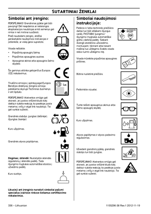Page 336SUTARTINIAI ÎENKLAI
336 – Lithuanian1155296-38 Rev.1 2012-11-19
Simboliai ant ∞rengino:
PERSPñJIMAS! Grandininiai pjklai gali bti pavojingi! Dòl neapdairios ar neteisingos 
eksploatacijos naudotojas ar kiti asmenys gali 
rimtai ir net mirtinai susiÏeisti.
Prie‰ naudodami ∞rengin∞, atidÏiai 
perskaitykite naudojimosi instrukcijas ir  
∞sitikinkite, ar viskà gerai supratote.
Visada ne‰iokite:
•PripaÏintà apsaugin∞ ‰almà
•PripaÏintas apsaugines ausines
•Apsauginiai akiniai arba apsauginis ‰almo 
skydelis...