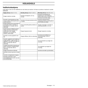 Page 113Norwegian – 113
VEDLIKEHOLD
1154212-26 Rev.3 2012-02-22 
Vedlikeholdsskjema
Under følger en liste over det vedlikehold som skal utføres på maskinen. De ﬂeste av punktene er beskrevet i avsnittet 
Vedlikehold.
Daglig ettersyn (Hver 5.-10. h)Ukentlig ettersyn (Hver 10.-25. h)Månedlig ettersyn (Hver 25.-40. h)
Rengjør maskinen utvendig. Kontroller startapparat, snor og 
returfjær

. Kontroller bremsebåndet på 
kjedebremsen med henb
likk på 
slitasje. Skift når det er mindre enn 0,6 
mm på det mest slitte...