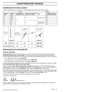 Page 135Italian – 135
CARATTERISTICHE TECNICHE
1154212-26 Rev.3 2012-02-22 
Combinazioni di lama e catena
I seguenti gruppi di taglio sono approvati per i modelli Husqvarna 235e, 236e, 240e e 240e TrioBrake.
Dichiarazione di conformità CE
(Solo per l’Europa)
La Husqvarna AB, SE-561 82 Huskvarna, Svezia, tel.: +46-36-146500, dichiara con la presente che le motoseghe Husqvarna 235e, 236e, 240e e 240e TrioBrake  a partire dai numeri di serie del 2009 (l’anno viene evidenziato nel 
marchio di fabbrica ed è seguito...