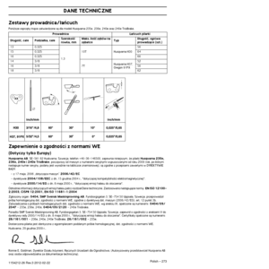 Page 273Polish – 273
DANE TECHNICZNE
1154212-26 Rev.3 2012-02-22
Zestawy prowadnica/∏aƒcuch
Poni˝sze osprz´ty tnàce zatwierdzone sà dla modeli Husqvarna\
 235e, 236e, 240e oraz 240e TrioBrake.
Zapewnienie o zgodnoÊci z normami WE
(Dotyczy tylko Europy)
Husqvarna AB, SE-561 82 Huskvarna, Szwecja, telefon +46-36-146500, zapewnia niniejsz\
ym, ˝e pilarki Husqvarna 235e, 
236e, 240e i 240e TrioBrake, poczàwszy od maszyn z numerami seryjnymi wypuszczanymi od roku 2009\
 (rok, po którym 
nast´puje numer seryjny,...