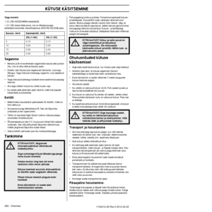 Page 282ÜLDISED OHUTUSEESKIRJAD
282 – Estonian1154212-26 Rev.3 2012-02-22
Segu koostis
1:50 (2%) HUSQVARNA kahetaktiõli.
1:33 (3%) teiste õlide korral, mis on õhkjahutusega kahetaktimootoritele, klassifitseeritud JASO FB/ISO EGB jaoks.
Segamine
•Bensiini ja õli omavaheliseks segamiseks kasuta alati puhast 
nõu, mis on ette nähtud bensiini jaoks.
•Esiteks vala nõusse pool segatavast bensiinist. Lisa kogu 
õlikogus. Sega (loksuta) küttesegu segamini. Lisa ülejää\
nud 
bensiin.
•Sega (loksuta) küttesegu hoolikalt...