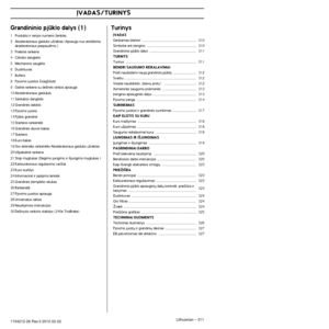 Page 311 ØVADAS 
Lithuanian
 
 – 
 
311
 
1154212-26 Re  
v
 
.3 2012-02-22 
Grandininio pjklo dalys (1) 
1
 
Produkto ir serijos numerio Ïenklas.
2 Akseleratoriaus gaiduko uÏraktas (Apsaugo nuo atsitiktinio  akseleratoriaus paspaudimo.)
3 Priekinò rankena
4 Cilindro dangtelis
5 Mechaninis saugiklis
6 Duslintuvas
7 Buferis
8 Pjovimo juostos ÏvaigÏdutò
9 Galinò rankena su de‰inòs rankos apsauga
10 Akseleratoriaus gaidukas
11 Sankabos dangtelis
12 Grandinòs laikiklis
13 Pjovimo juosta
14 Pjklo grandinò
15...