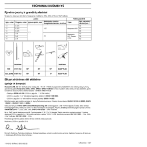 Page 327Lithuanian – 327
TECHNINIAI DUOMENYS
1154212-26 Rev.3 2012-02-22
Pjovimo juost˜ ir grandini˜ deriniai
·ie pjovimo ∞taisai yra skirti ‰iems Husqvarna modeliams: 235e, 236e, 240e ir 240e TrioBrake.
EB patvirtinimas dòl atitikimo
(galioja tik Europoje)
Husqvarna AB, SE-561 82 Huskvarna, ·vedija, tel: +46-36-146500, ‰iuo patvirtin\
a, kad 2009 m. bei vòlesni˜ serij˜ numeri˜ 
grandininiai pjklai Husqvarna 235e, 236e, 240e ir 240e TrioBrake (metai nurodomi ai‰kiu tekstu ant tipo plok‰telòs, po to 
nurodomas...