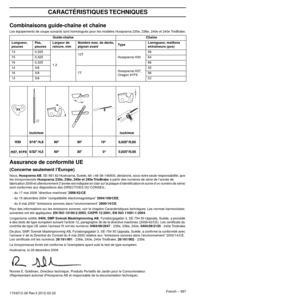 Page 387 French – 387 CARACTÉRISTIQUES TECHNIQUES 
1154212-26 Rev.3 2012-02-22 Combinaisons guide-chaîne et chaîne 
Les équipements de coupe suivants sont homologués pour les modèles Husqvarna 235e, 236e, 240e et 240e TrioBrake.
 
Assurance de conformité UE 
(Concerne seulement l’Europe) 
Nous, 
 
Husqvarna AB
 
, SE-561 82 Huskvarna, Suède, tél: +46-36-146500, déclarons, sous notre seule responsabilité, que 
les tronçonneuses 
 
Husqvarna 235e, 236e, 240e et 240e TrioBrake 
 
à partir des numéros de série de...