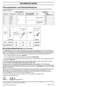 Page 407German – 407
TECHNISCHE DATEN
1154212-26 Rev.3 2012-02-22
Führungsschienen- und Kettenkombinationen
Die nachfolgend aufgeführten Schneidausrüstungen werden für die Modelle Husqvarna 235e, 236e, 240e und 240e 
TrioBrake empfohlen.
EG-Konformitätserklärung (nur für Europa)
Wir, Husqvarna AB, SE-561 82 Huskvarna, Schweden, Tel. +46-36-146500, erklären hiermit unsere alleinige Haftung 
dafür, dass die Motorsägen der Modelle Husqvarna 235e, 236e, 240e und 240e TrioBrake, auf die sich diese Erklärung 
bezieht,...