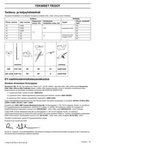 Page 79Finnish – 79
TEKNISET TIEDOT
1154212-26 Rev.3 2012-02-22 
Terälevy- ja ketjuyhdistelmät
Seuraavat terälaitteet on hyväksytty Husqvarna-malleille 235e, 236e, 240e ja 240e TrioBrake.
EY-vaatimustenmukaisuusvakuutus
(Koskee ainoastaan Eurooppaa)
Husqvarna AB, SE-561 82 Huskvarna, Ruotsi, puh: +46-36-146500, vakuuttaa täten, että moottorisahat Husqvarna 
235e, 236e, 240e ja 240e TrioBrake alkaen vuoden 2009 sarjanumeroista (vuosi on ilmoitettu arvokilvessä ennen 
sarjanumeroa) on valmistettu noudattaen...