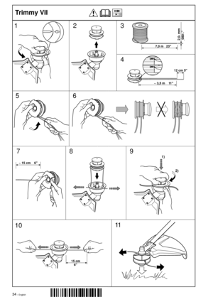 Page 3434 – English´*31,¶6\¨
6
2) 1)
~ 15 cm    6
7
89
1011
15 cm
123
4
56
7,0 m   23
2,0- mm
,080-.
12 cm 5
~ 3,5 m    11
Trimmy VII 