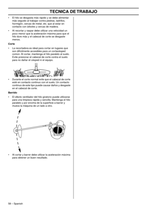 Page 58TECNICA DE TRABAJO
58 – Spanish
•El hilo se desgasta más rápido y se debe alimentar 
más seguido al trabajar contra piedras, ladrillos, 
hormigón, cercas de metal, etc. que al estar en 
contacto con árboles y cercas de madera.
• Al recortar y raspar debe utilizar una velocidad un  poco menor que la aceler
 ación máxima para que el 
hilo dure más y el cabezal de corte se desgaste 
menos.
Corte
•La recortadora es ideal para cortar en lugares que 
son difícilmente accesibles para un cortacésped 
común. Al...