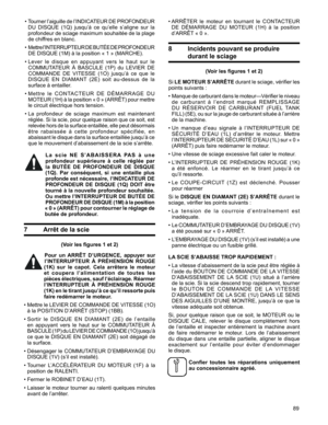 Page 89
89

•		ARRÊTER 	le 	moteur 	en 	tournant 	le 	CONTACTEUR	 
DE 	DÉMARRAGE 	DU 	MOTEUR 	(1H) 	à 	la 	position	
d’ARRÊT 	«	0	».	
8   Incidents pouvant se produire 
durant le sciage
(Voir les figures 1 et 2)
Si	LE MOTEUR S’ARRÊTE	durant	 le	sciage,	 vérifier	les	
points	suivants	:	
•		Manque 	de 	carburant 	dans 	le 	moteur—Vérifier 	le 	niveau	 
de 	carburant 	à 	l’endroit 	marqué 	REMPLISSAGE	
DU 	RÉSERVOIR 	DE 	CARBURANT 	(FUEL 	TANK	 
FILL) 	(5E), 	ou 	sur 	la 	jauge 	de 	carburant 	située 	à 	l’arrière...