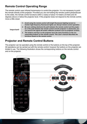 Page 1313
Remote Control Operating Range
The remote control uses infrared transmission to control the projector. It is not necessary to point 
the remote directly at the projector. Provided you are not holding the remote control perpendicular 
to the sides, the remote control functions within a radius of about 10 meters (33 feet) and 30 
degrees above or below the projector level. If the projector does not respond to the remote control, 
move a little closer.  
Important!
Avoid using the remote control with...