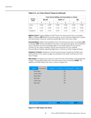 Page 64Operation
50 Planar PD8130/PD8150 Installation/Operation Manual
PRELI
MINAR
Y
Brilliant Color™: Select Brilliant Color™ from the Advanced menu to enable 
(On) or disable (Off) BrilliantColor processing, which improves brightness in grays 
and secondary colors by using the spoke light from the color wheel.
DynamicBlack: Select DynamicBlack from the Advanced menu to enable (On) 
or disable (Off) the DynamicBlack actuator in the optical engine. DynamicBlack 
uses a dynamic iris that modulates light to the...