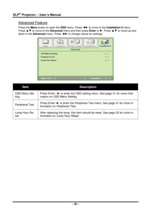 Page 38
DLP® Projector – User’s Manual 
Advanced Feature 
Press the Menu button to open the OSD menu. Press ◄► to move to the 
Installation II menu. 
Press 
▲▼  to move to the 
Advanced menu and then press  Enter or ►. Press ▲▼ to move up and 
down in the Advanced  menu. Press 
◄► to change values for settings.  
 
Item Description 
OSD Menu Set-
ting Press Enter / ► to enter the OSD setting menu. See page  31  for more infor-
mation on  OSD Menu Setting . 
Peripheral Test Press Enter/ 
► to enter the...