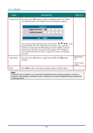 Page 33User’s Manual 
– 26 – 
ITEM DESCRIPTION DEFAULT 
Security Lock  Press the cursor  button to enable or disable Security Lock. When 
you enable Security Lock a Register Password dialog box appears: 
 
 
You can only use the following four cursor buttons, 
    in the 
password fields. Press the cursor buttons five times in any order and 
confirm to set the password. When the password is enabled, it must be 
entered every time after you power on the projector. See “Setting an 
Access Password (Security...