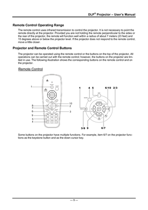 Page 17
DLP® Projector – User’s Manual 
Remote Control Operating Range 
The remote control uses infrared transmission to control the projector. It is not necessary to point the 
remote directly at the projector. Provided you are not holding the remote perpendicular to the sides or 
the rear of the projector, the re mote will function well within a radi us of about 7 meters (23 feet) and 
15 degrees above or below the projector level. If the pr ojector does not respond to the remote control, 
move a little...