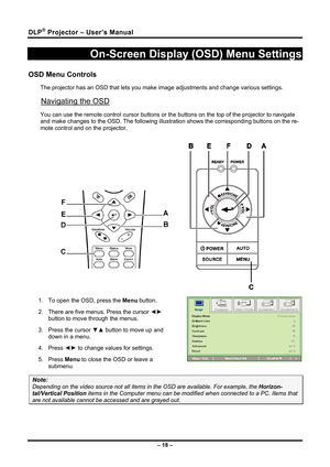 Page 26DLP® Projector – User’s Manual 
– 18 – 
On-Screen Display (OSD) Menu Settings 
OSD Menu Controls 
The projector has an OSD that lets you make image adjustments and change various settings.  
Navigating the OSD 
You can use the remote control cursor buttons or the buttons on the top of the projector to navigate 
and make changes to the OSD. The following illust ration shows the corresponding buttons on the re-
mote control and on the projector. 
 
                
1.  To open the OSD, press the  Menu...