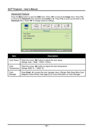 Page 32DLP® Projector – User’s Manual 
Advanced Feature 
Press the Menu button to open the OSD menu. Press  ◄► to move to the  Image menu. Press
 ▼▲
 
to move to the  Advanced menu and then press  Enter or ►. Press  ▼▲ to move up and down in the 
Advanced  menu. Press  ◄► to change values for settings. 
 
Item Description 
Color Space  Press the cursor ◄►  button to adjust the color space.  
(Range: Auto – RGB – YPbPr- YCbCr) 
Color  
Temperature  Press the cursor 
◄► button to adjust the color temperature....