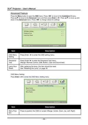 Page 40DLP® Projector – User’s Manual 
Advanced Feature 
Press the Menu button to open the OSD menu. Press ◄► to move to the 
Installation II menu. 
Press 
▲▼  to move to the 
Advanced menu and then press  Enter or ►. Press ▲▼ to move up and 
down in the  Advanced menu. Press 
◄► to change values for settings.  
 
Item Description 
OSD Menu 
Setting  Press Enter / 
► to enter the OSD setting menu. 
Peripheral 
Test  Press Enter/ 
► to enter the Peripheral Test menu.  
(Range: Remote Control, USB, Button, Color...