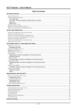 Page 7DLP® Projector – User’s Manual 
— vi — 
Table of Contents 
GETTING STARTED ........................................................................\
................................................................................... 1 
PACKING CHECKLIST........................................................................\
................................................................................... 1 
VIEWS OF PROJECTOR...