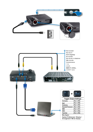 Page 5
Toggle Output SettingsCompaq[Fn] + [F4]
Dell[Fn] + [F8]Gateway[Fn] + [F4]Hewlett Packard[Fn] + [F4]IBM[Fn] + [F7]NEC[Fn] + [F3]Toshiba[Fn] + [F5]Mac Apple :System PreferencesDisplay ArrangementMirror display
+
Not	included
Non	fourni
Nicht	beigelegt
No	incluido
Non	fornito	in	dotazione
Não	incluído
Не	включенно
不含未包括含まれていません포함되지 않음	            